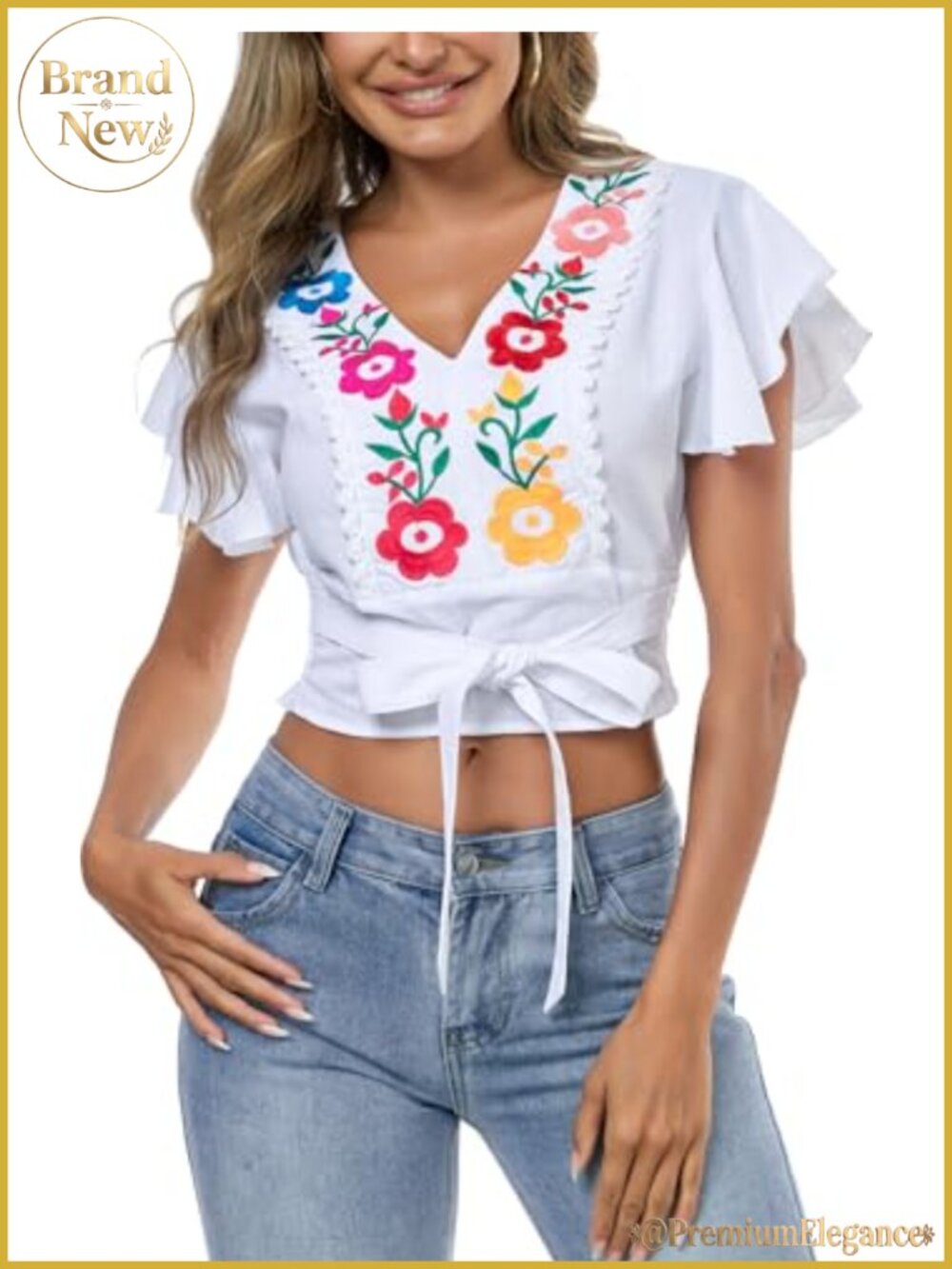 Cotton V-Neck Tie Front Ruffle Short Sleeve Boho Embroidered Crop Top Blouse